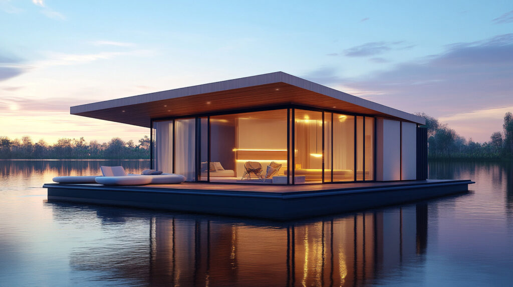 Luxury floating home with tranquil water view.