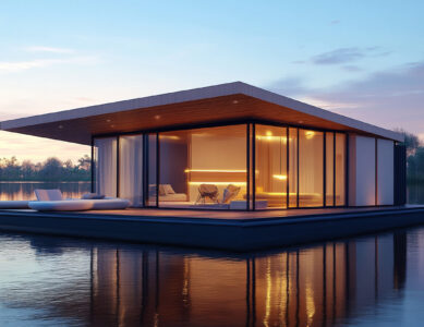 Luxury floating home with tranquil water view.