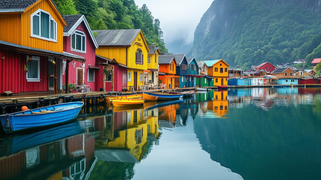 A colorful floating village with traditional homes and boats on calm waters.