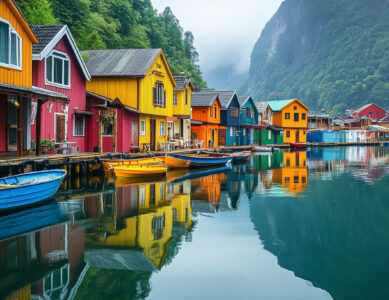 A colorful floating village with traditional homes and boats on calm waters.