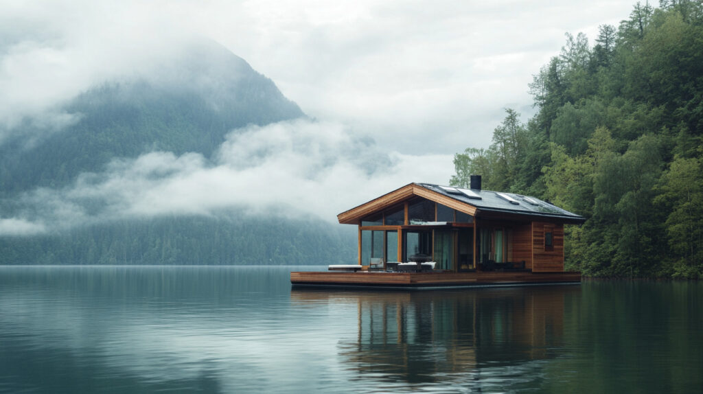 A peaceful floating home surrounded by calm waters and natural beauty.