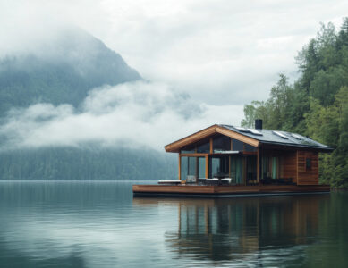 A peaceful floating home surrounded by calm waters and natural beauty.