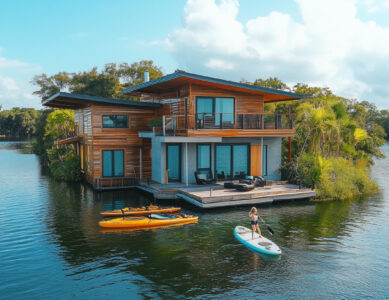 Kayaking and paddleboarding near a serene floating home.