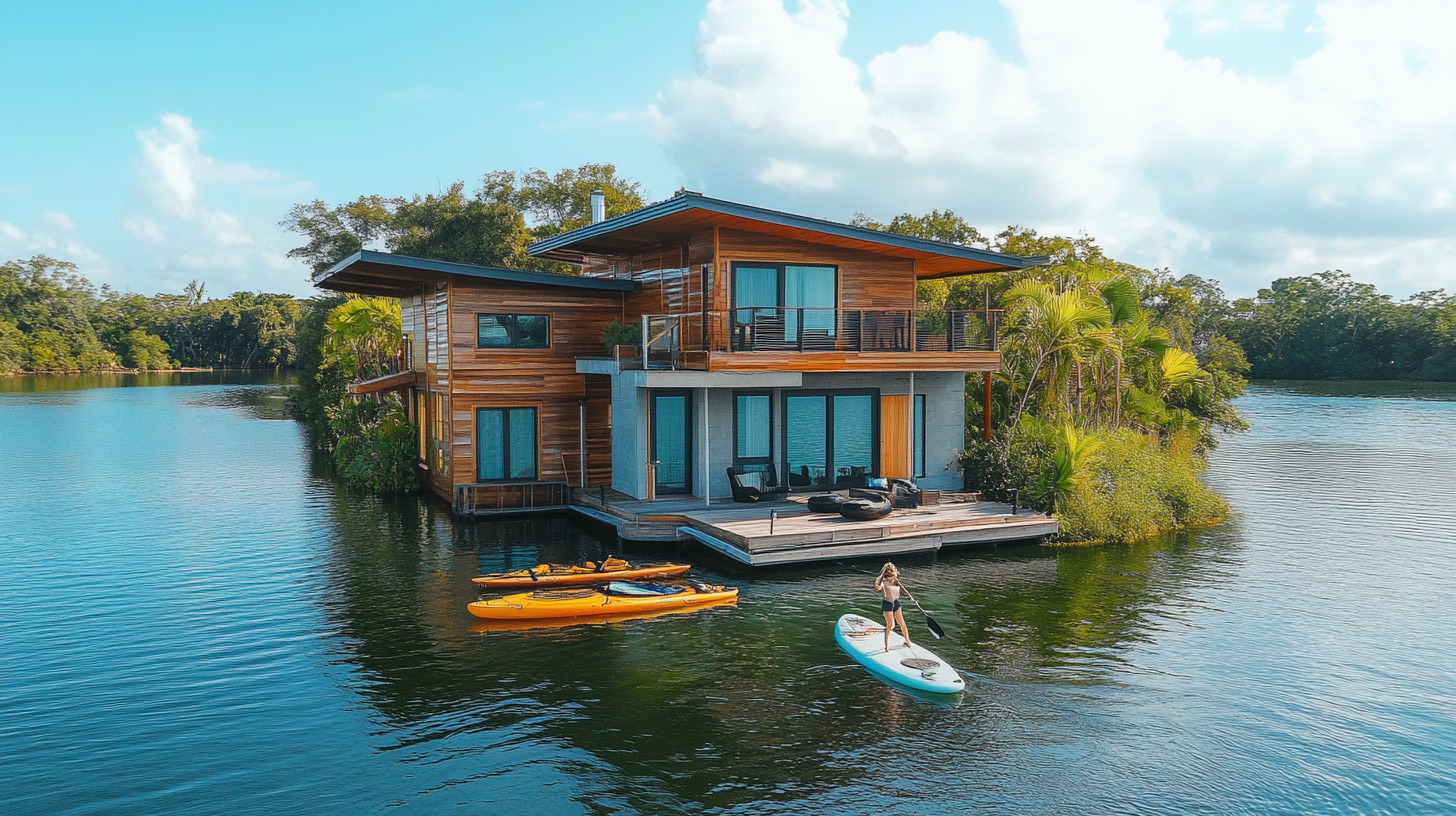 Kayaking and paddleboarding near a serene floating home.