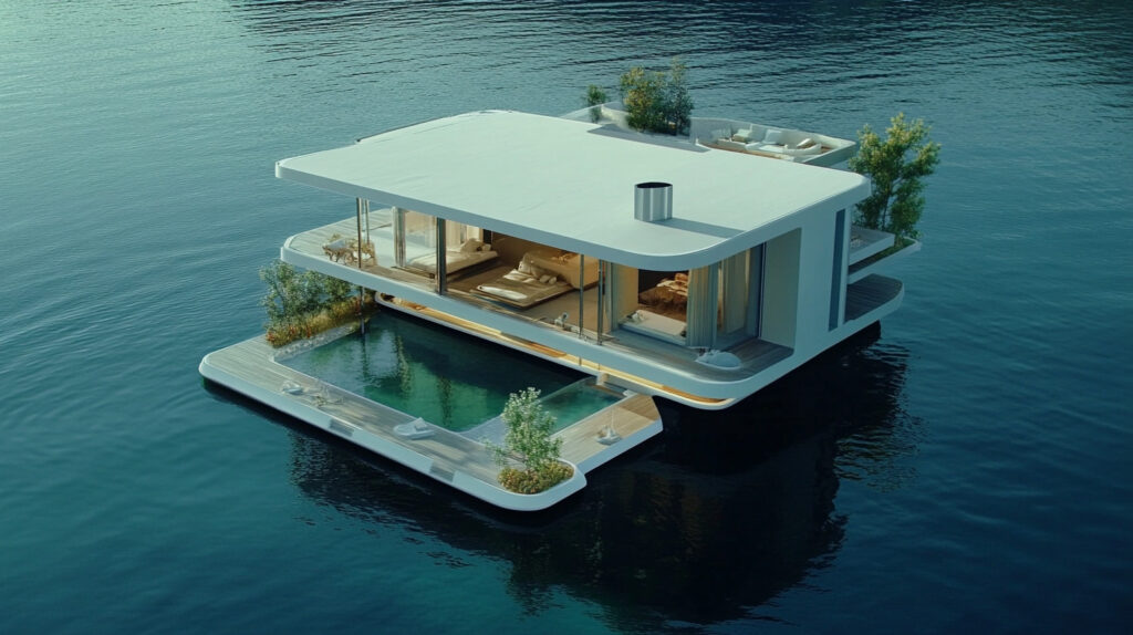 : Iconic floating home from a Hollywood movie on a serene waterfront.