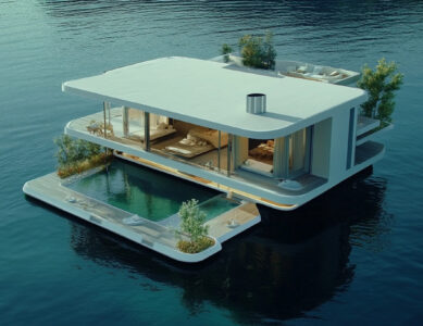 : Iconic floating home from a Hollywood movie on a serene waterfront.