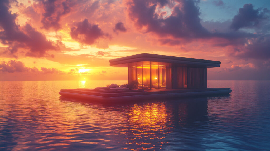 A floating home glowing warmly under a serene sunset sky.