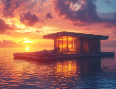 A floating home glowing warmly under a serene sunset sky.