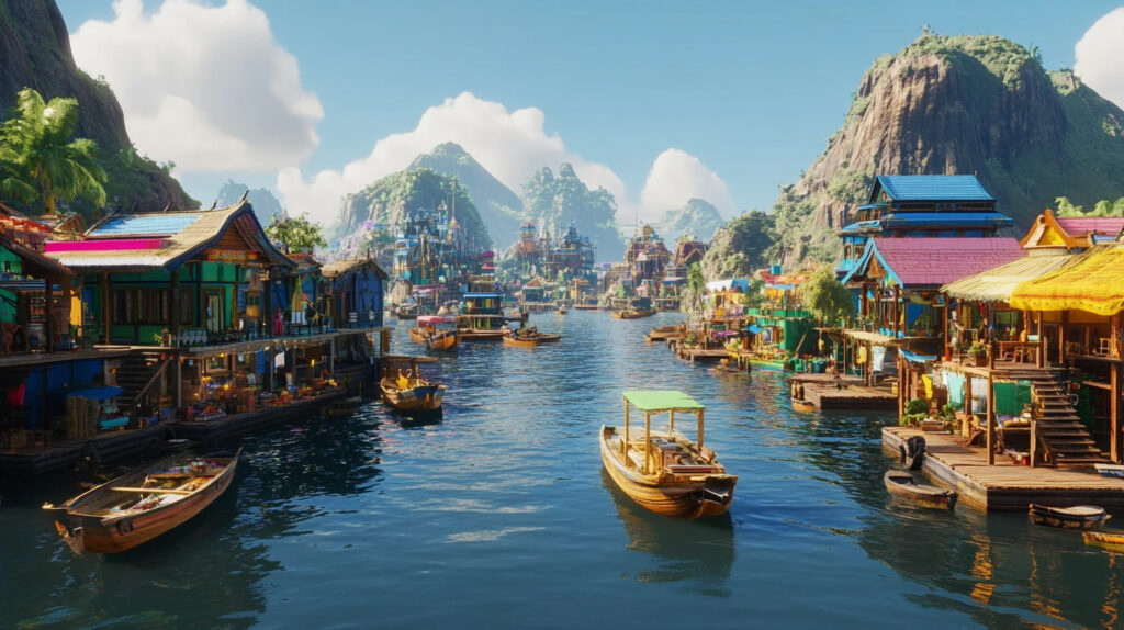 A bustling floating village with colorful homes and boats on calm waters.