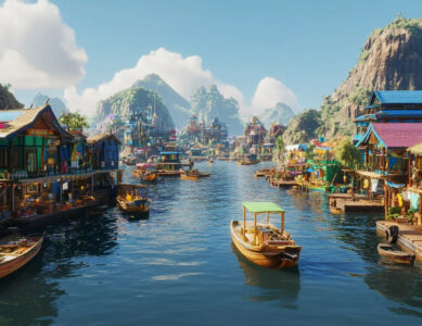 A bustling floating village with colorful homes and boats on calm waters.