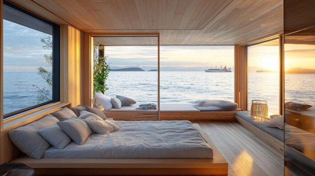 A serene houseboats with a stunning ocean view