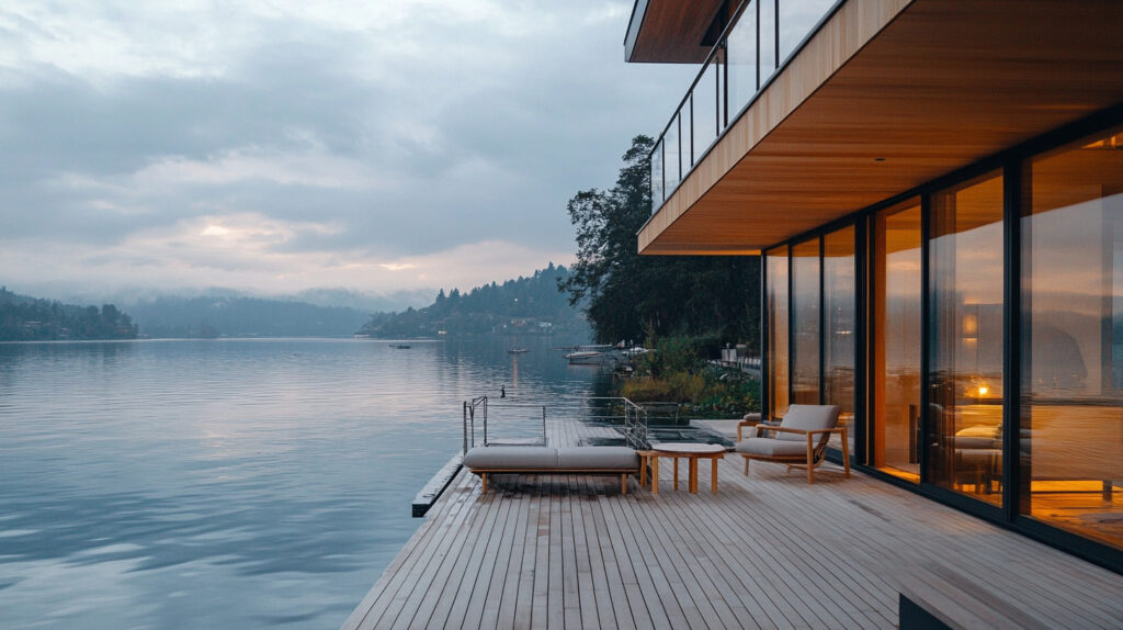 Floating home with a private deck overlooking calm waters.