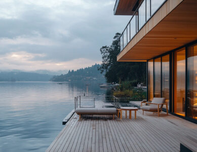 Floating home with a private deck overlooking calm waters.