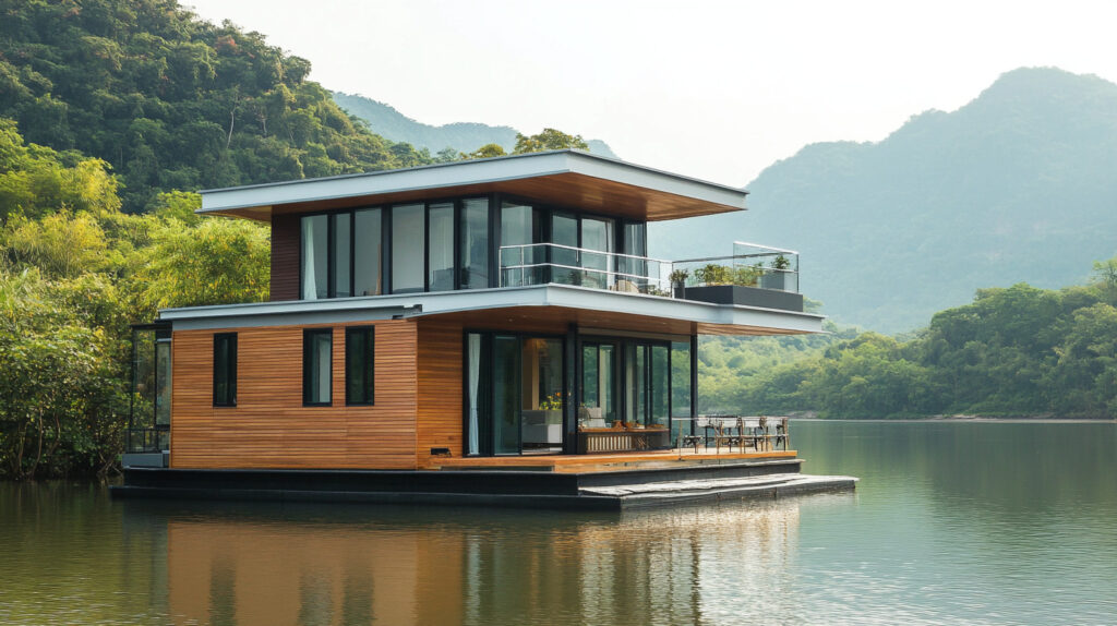 Modern floating home with sleek design and eco-friendly features on calm water