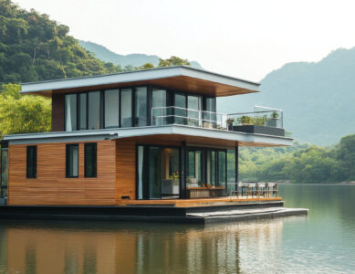 Modern floating home with sleek design and eco-friendly features on calm water