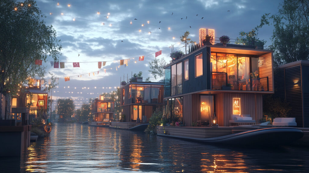 Floating homes decorated for a festival with lights and banners on calm waters.